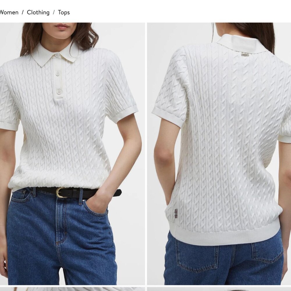 Barbour White Cable-Knit Polo Top